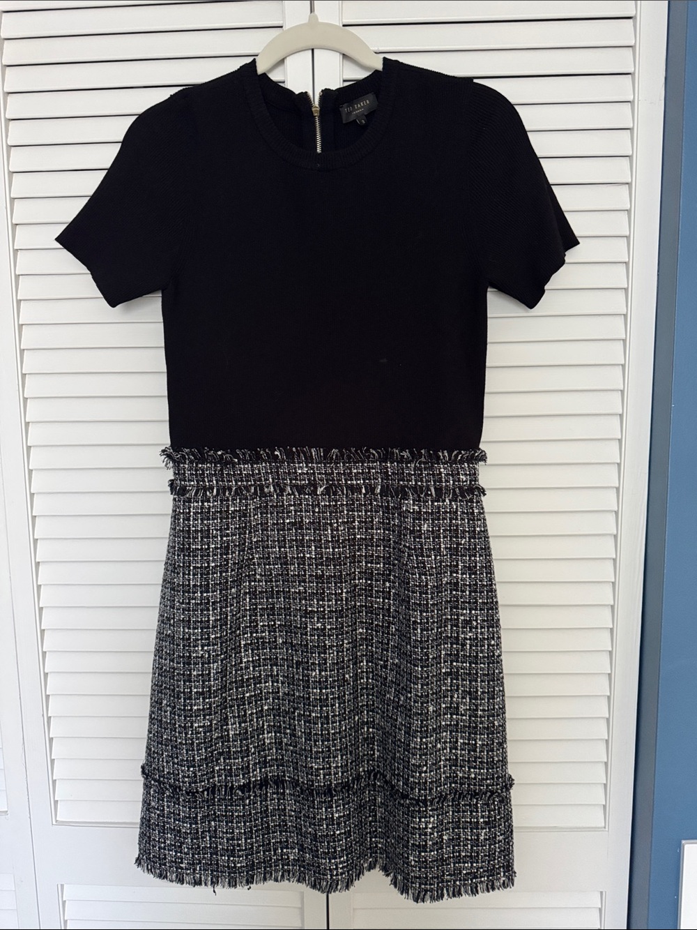 Ted Baker Black Knit Top with Black & White Tweed Mini Skirt